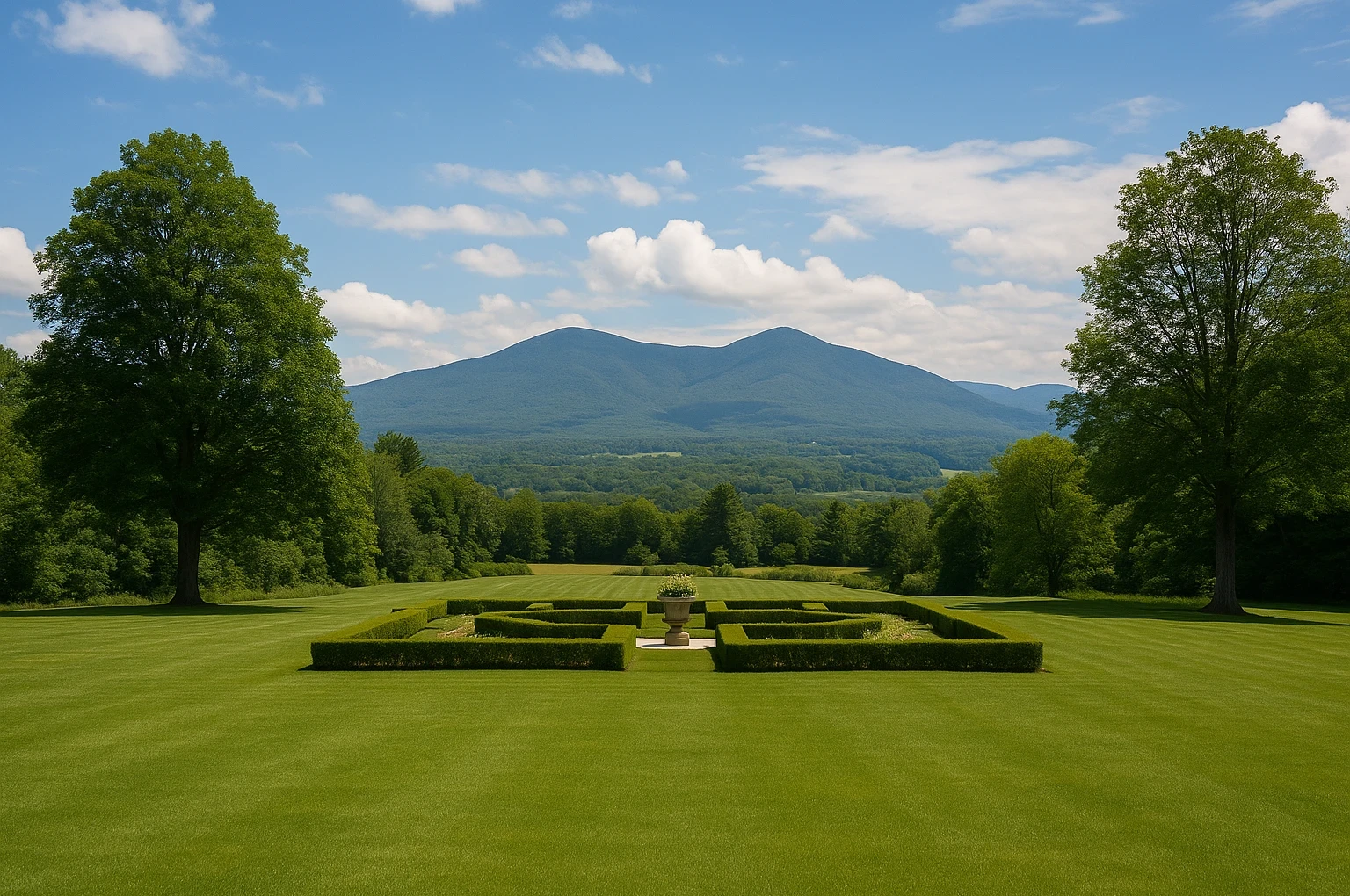 A formal garden at Hildene with manicured hedges and open lawn, framed by mature trees and overlooking Vermont’s Green Mountains under a blue sky.
