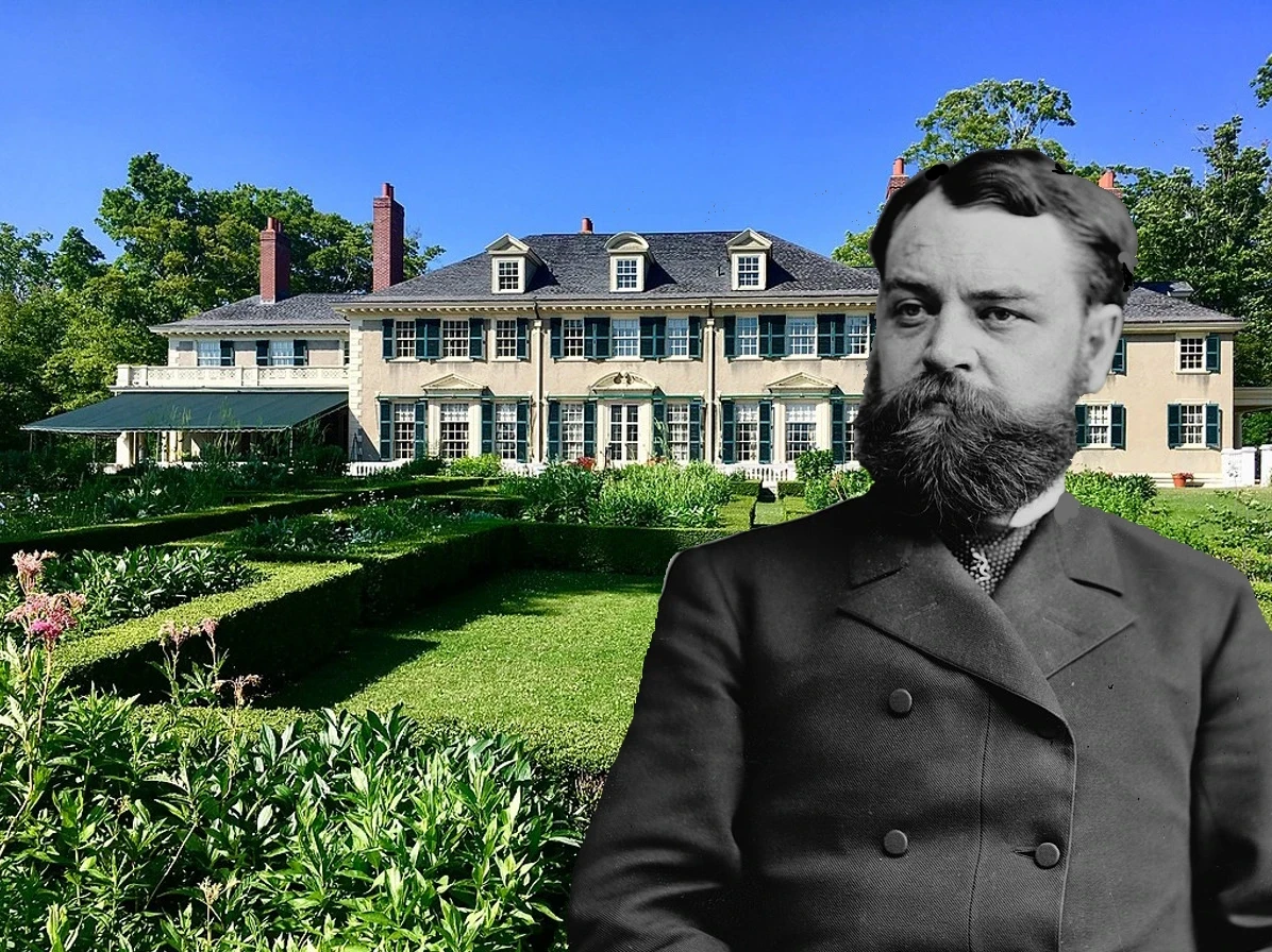 A historic estate with formal gardens in the background, overlaid with a period portrait of a bearded man in late 19th-century attire, presented as an interpretive composite.