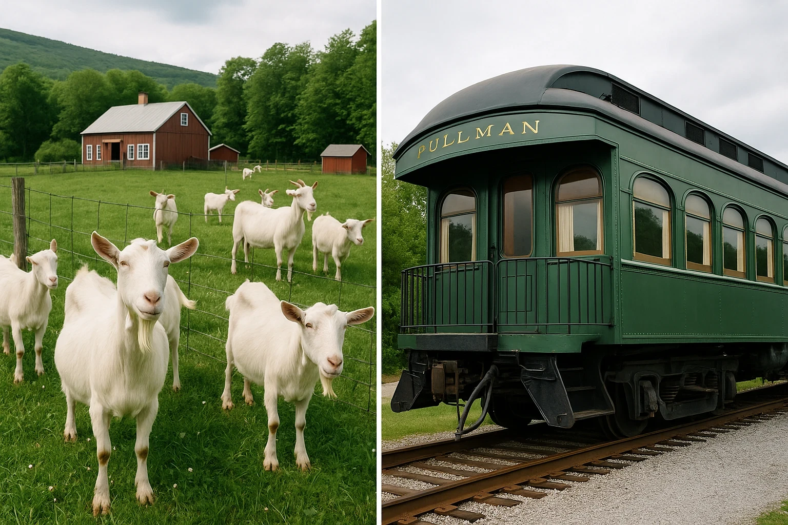 A split image showing goats grazing in a green pasture near a red farm building on one side, and a vintage green Pullman railcar displayed on railroad tracks on the other.