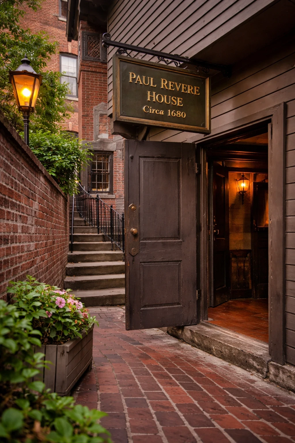 Entrance to the Paul Revere House in Boston’s North End, showing the open wooden doorway, hanging sign, brick walkway, and lantern-lit approach.