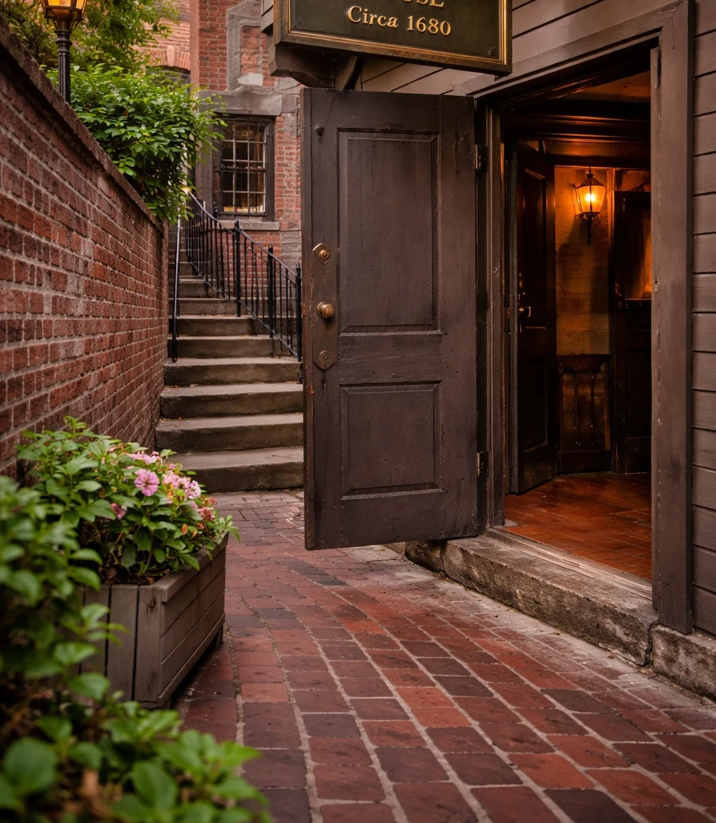 Interior architectural details of the Paul Revere House, showing the narrow wooden staircase, exposed timber framing, leaded-glass window, and hand-crafted interior finishes.