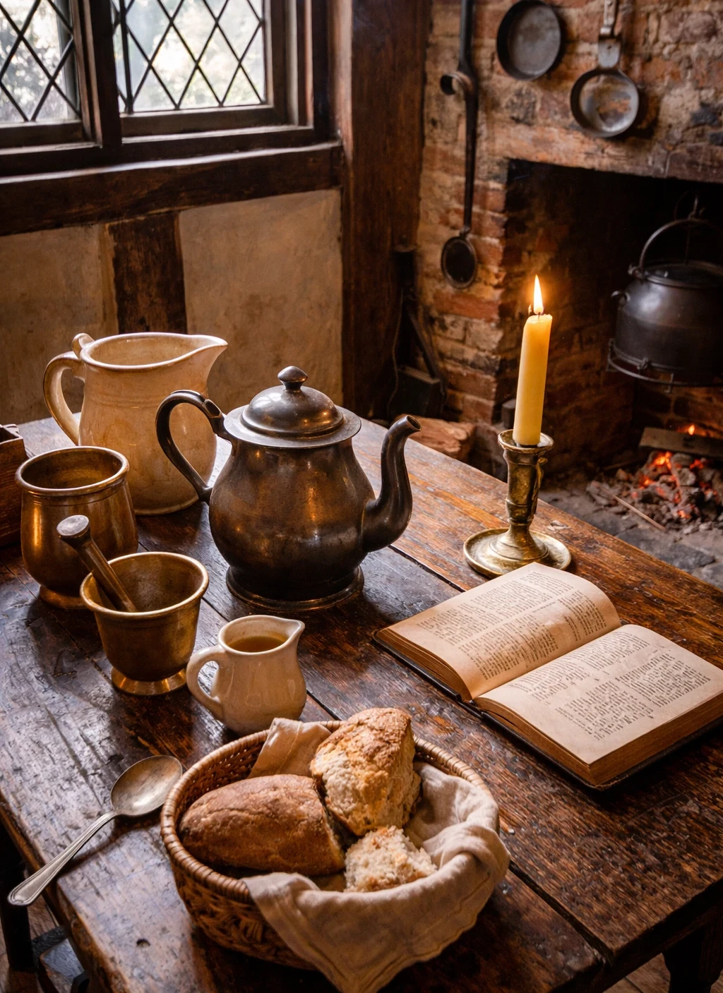 Period kitchen artifacts displayed inside the Paul Revere House, including pewter vessels, ceramic pitchers, bread on a wooden table, and a candle-lit hearth beneath a leaded-glass window.