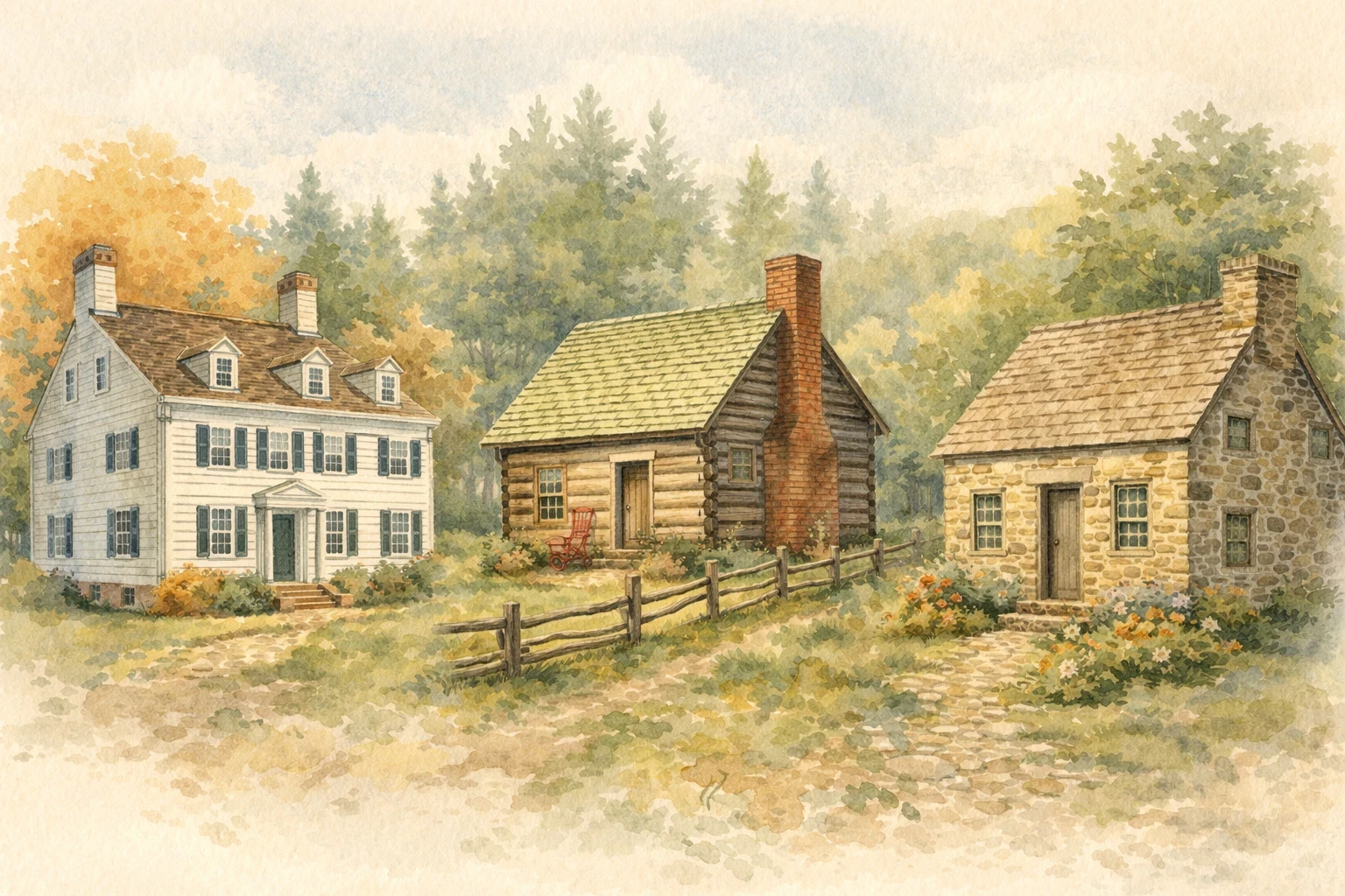Illustrated historic lodging options, including a colonial-style inn, a rustic log cabin, and a stone cottage, representing heritage-inspired places to stay near a historic site.  This alt text: