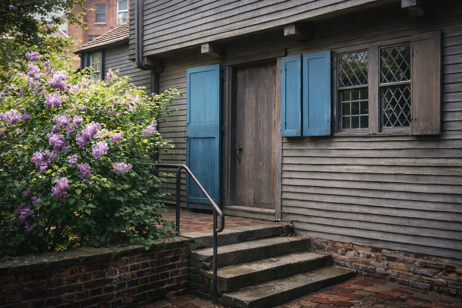 A sunlit exterior corner of the Paul Revere House, featuring blue shutters, weathered wood siding, and a blooming lilac bush beside the entrance steps.