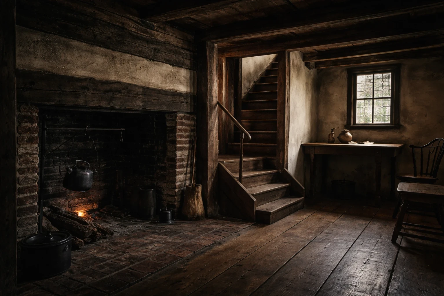 Interior view of the Paul Revere House showing exposed wooden beams and simple architectural details.