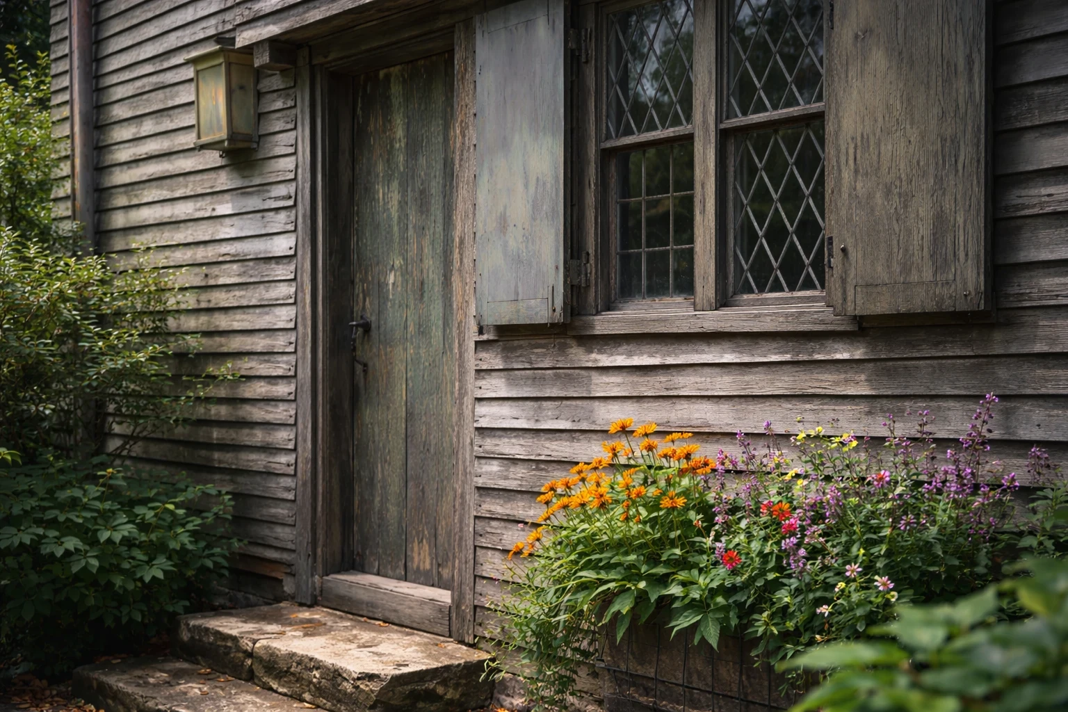 A close-up exterior view of the Paul Revere House showing weathered wooden siding, a window with muted trim, and flowering plants adding soft color near the foundation.