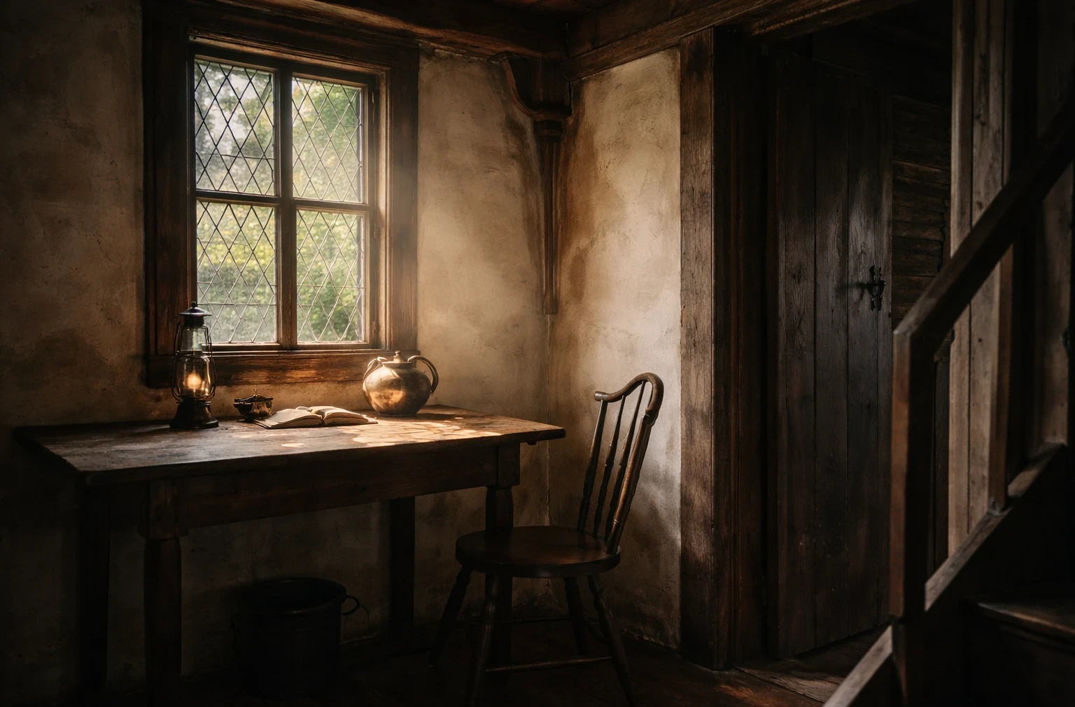 Light filtering through a window inside the Paul Revere House, illuminating historic wood surfaces.