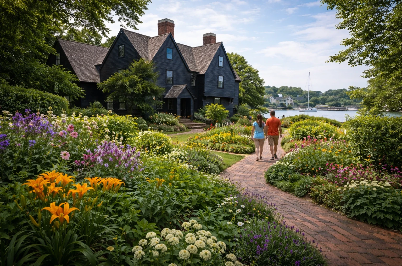 Gardens and brick pathways surrounding the House of the Seven Gables, with colorful flowers, mature trees, and Salem Harbor visible in the background.