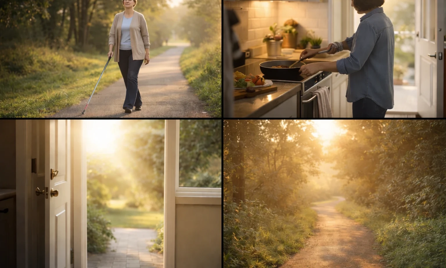 A four-panel collage showing everyday independence: a woman walking along a sunny path with a cane, someone cooking in a bright kitchen, an open door leading outside, and a peaceful trail in warm morning light.