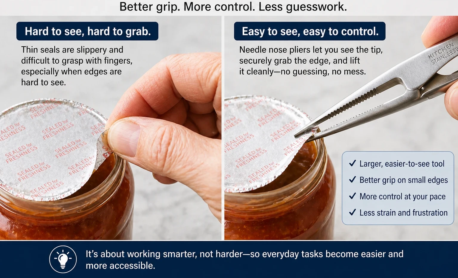 Side-by-side comparison showing a hand struggling to peel a jar seal with fingers versus using needle nose pliers for a clean, controlled grip, highlighting why the tool works better for low vision