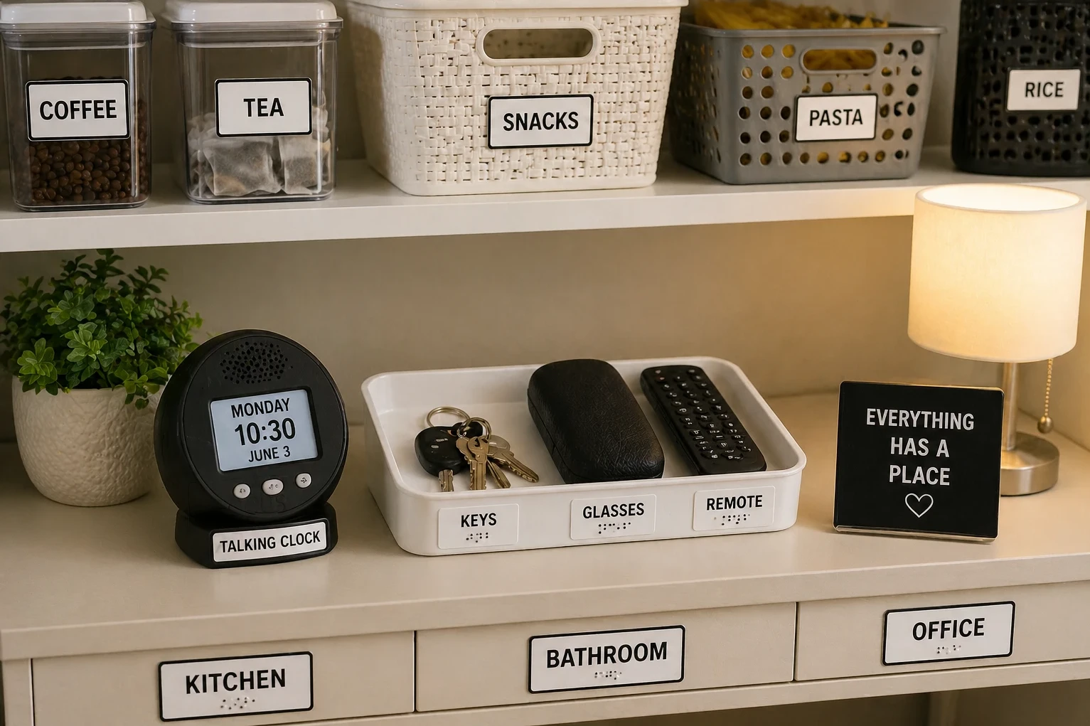 Organized home shelf with labeled containers, baskets, and a tray holding everyday items like keys and a remote, along with a talking clock and tactile labels for easy identification.