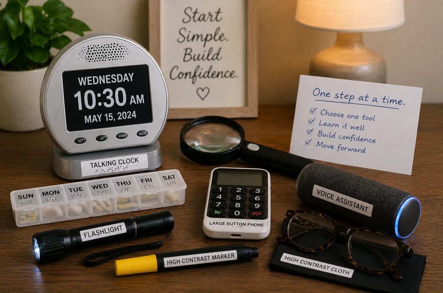 Collection of assistive tools for low vision including a talking clock, handheld magnifier, large-button phone, voice assistant, pill organizer, and labeled everyday items arranged on a table.