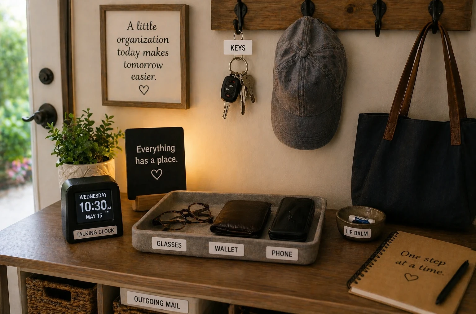 Organized entryway table with labeled tray for glasses, wallet, and phone, keys hanging on hooks, and everyday items arranged in consistent places for easy access.