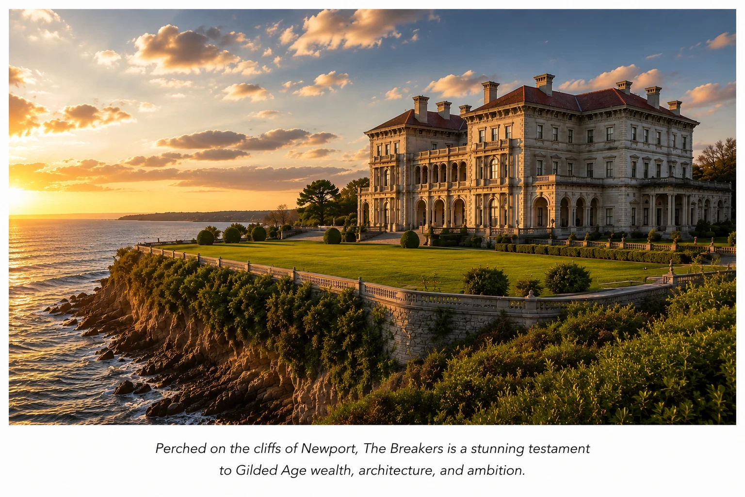 Wide coastal view of The Breakers mansion in Newport, Rhode Island overlooking the Atlantic Ocean during golden hour