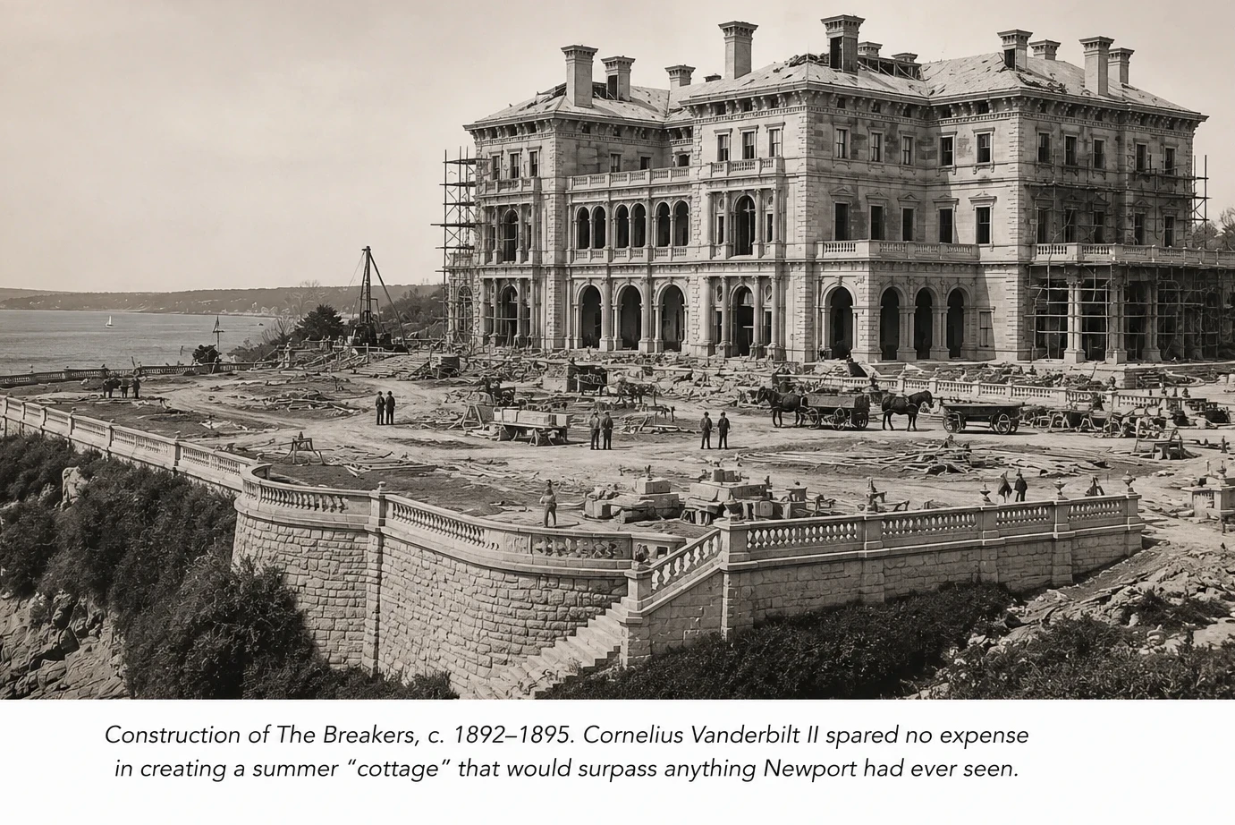 Historic black-and-white image of The Breakers mansion under construction in Newport, Rhode Island overlooking the Atlantic coastline during the Gilded Age