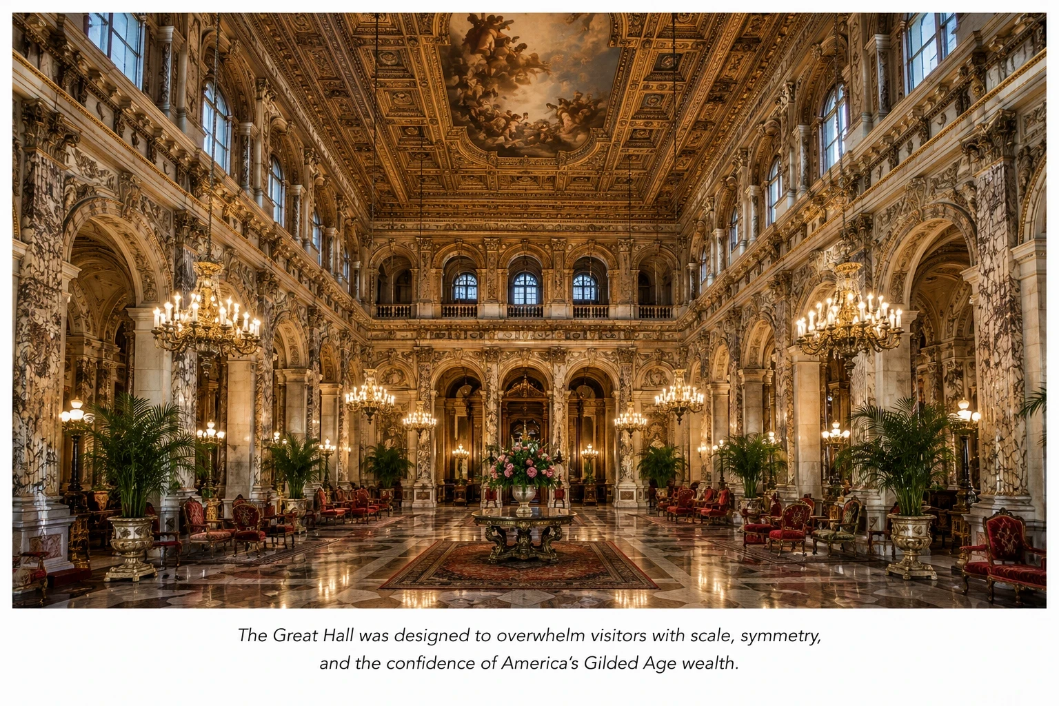 Interior view of The Great Hall at The Breakers mansion in Newport, Rhode Island featuring marble columns, gilded ceilings, chandeliers, and ornate Gilded Age architecture