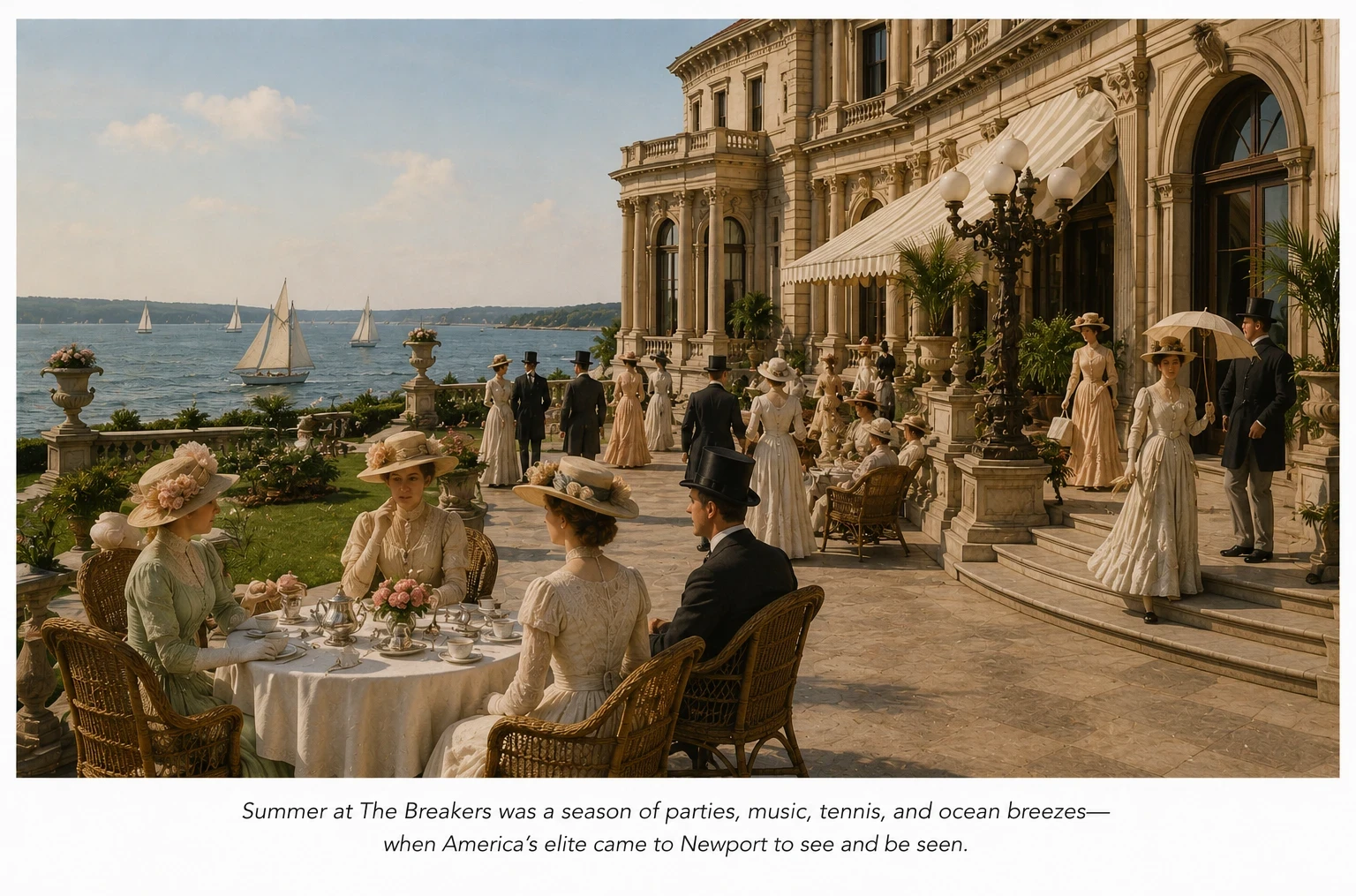 Gilded Age summer gathering on the oceanfront terrace at The Breakers mansion in Newport, Rhode Island with guests in period clothing overlooking the Atlantic Ocean