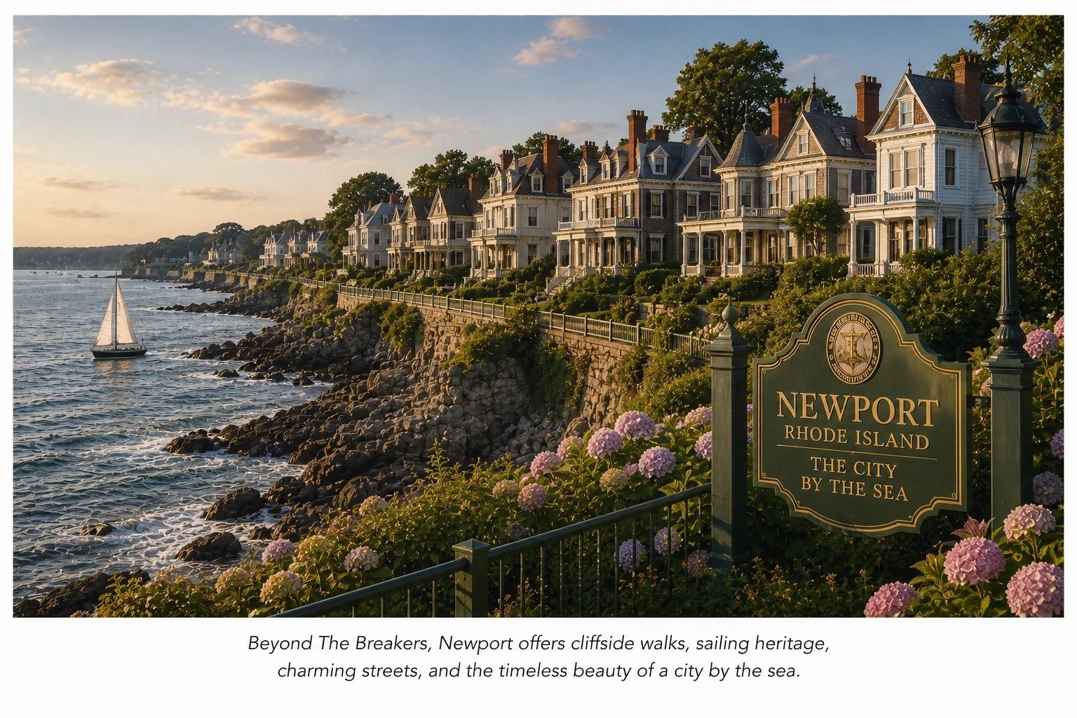 Scenic coastal view of Newport, Rhode Island featuring historic seaside homes, rocky cliffs, sailboats, and oceanfront gardens at sunset