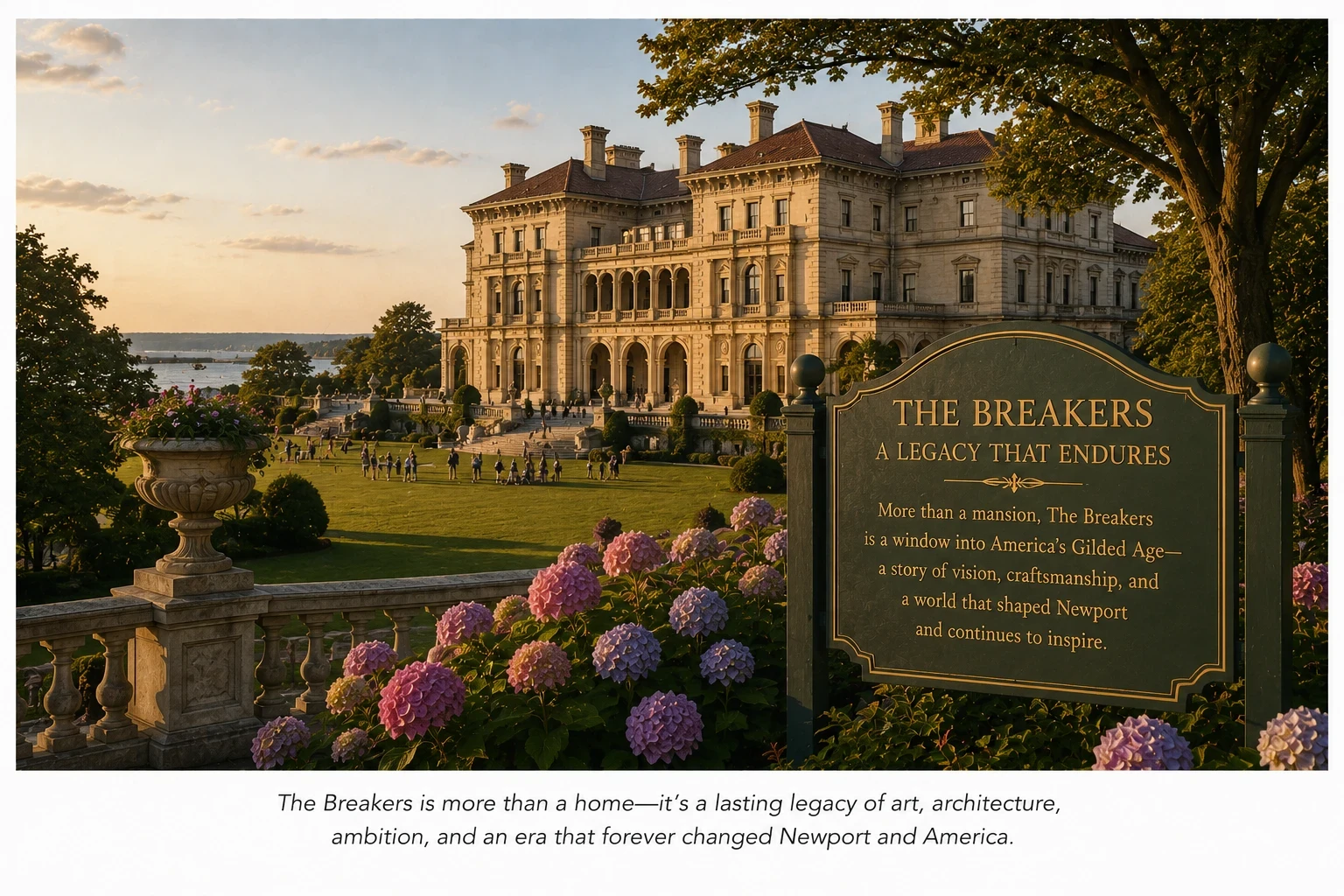 Golden hour view of The Breakers mansion in Newport, Rhode Island with landscaped gardens, visitors on the grounds, and a historic sign reflecting the estate’s Gilded Age legacy