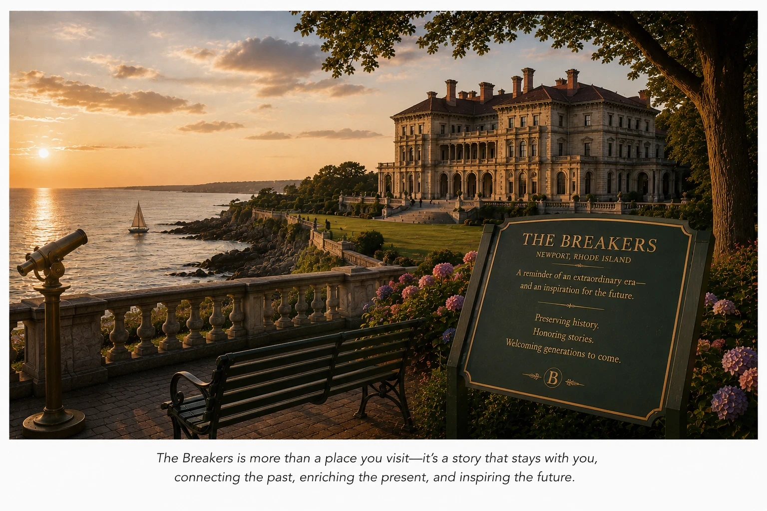 Sunset view of The Breakers mansion in Newport, Rhode Island overlooking the Atlantic Ocean with gardens, coastal terrace, and reflective Gilded Age atmosphere
