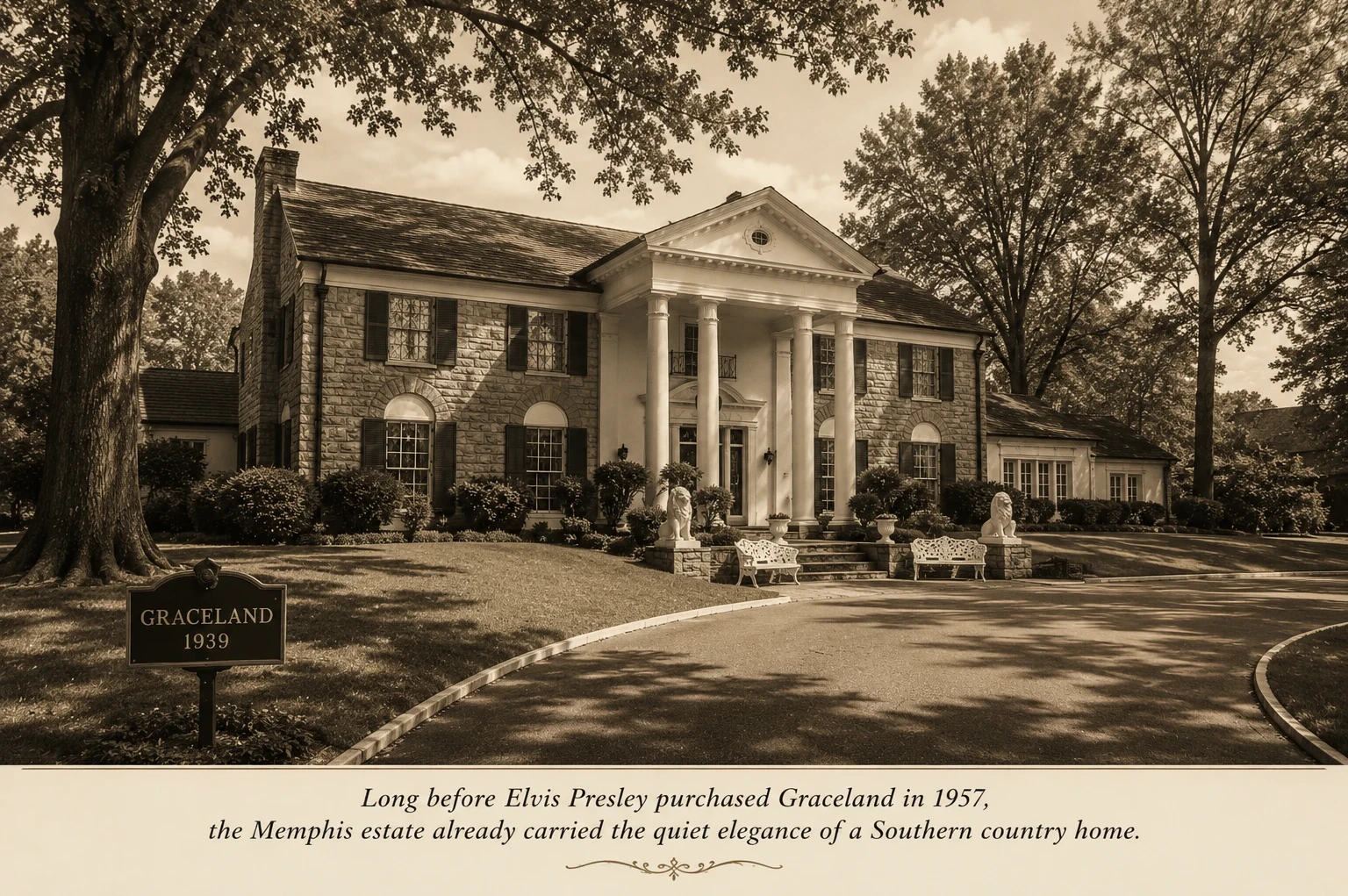 Sepia-toned historic view of Graceland mansion in Memphis, Tennessee showing the Southern-style estate and landscaped grounds before Elvis Presley purchased the property in 1957