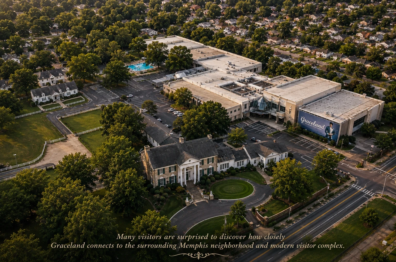 Aerial view of Graceland in Memphis, Tennessee showing the mansion, museum complex, surrounding neighborhood, and nearby roadways during golden hour light