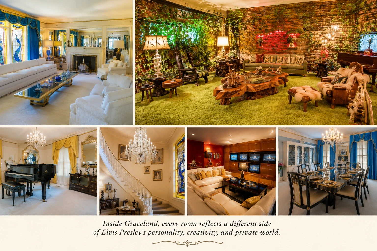 Color collage of several interior rooms at Graceland including the Jungle Room, music room, staircase, dining room, and living spaces reflecting Elvis Presley’s personality and design style