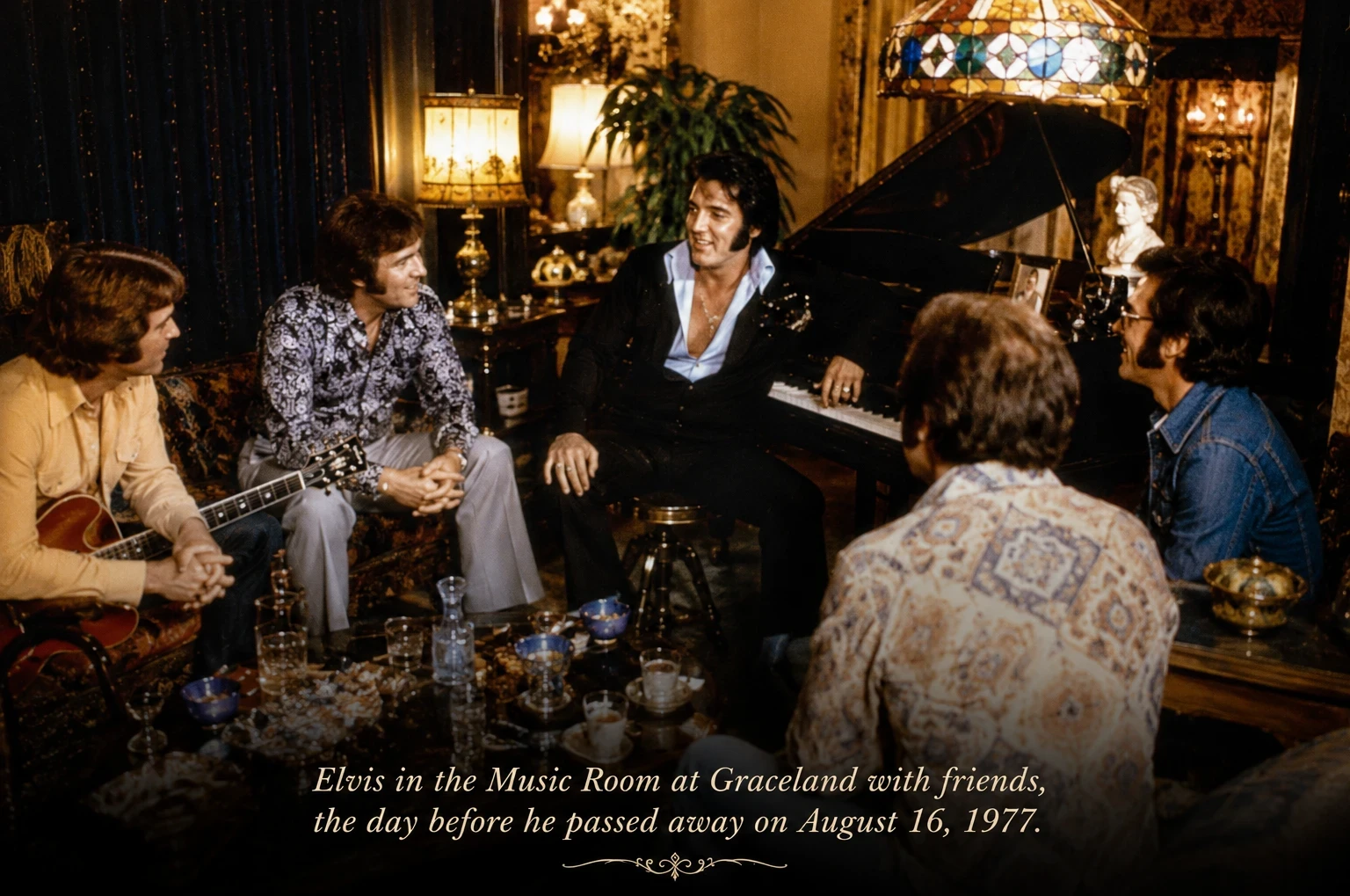 Warm vintage-style image of Elvis Presley sitting with friends in a music room at Graceland surrounded by instruments, soft lighting, and rich 1970s décor reflecting the intimate atmosphere of the home