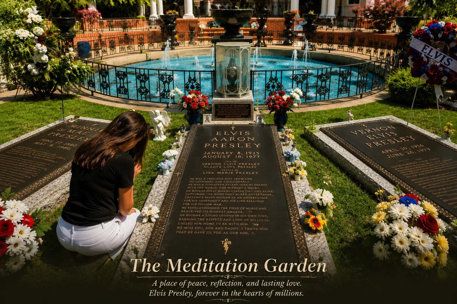 Visitor kneeling in prayer beside Elvis Presley’s grave in the Meditation Garden at Graceland surrounded by flowers, memorial plaques, and the garden fountain in bright daylight