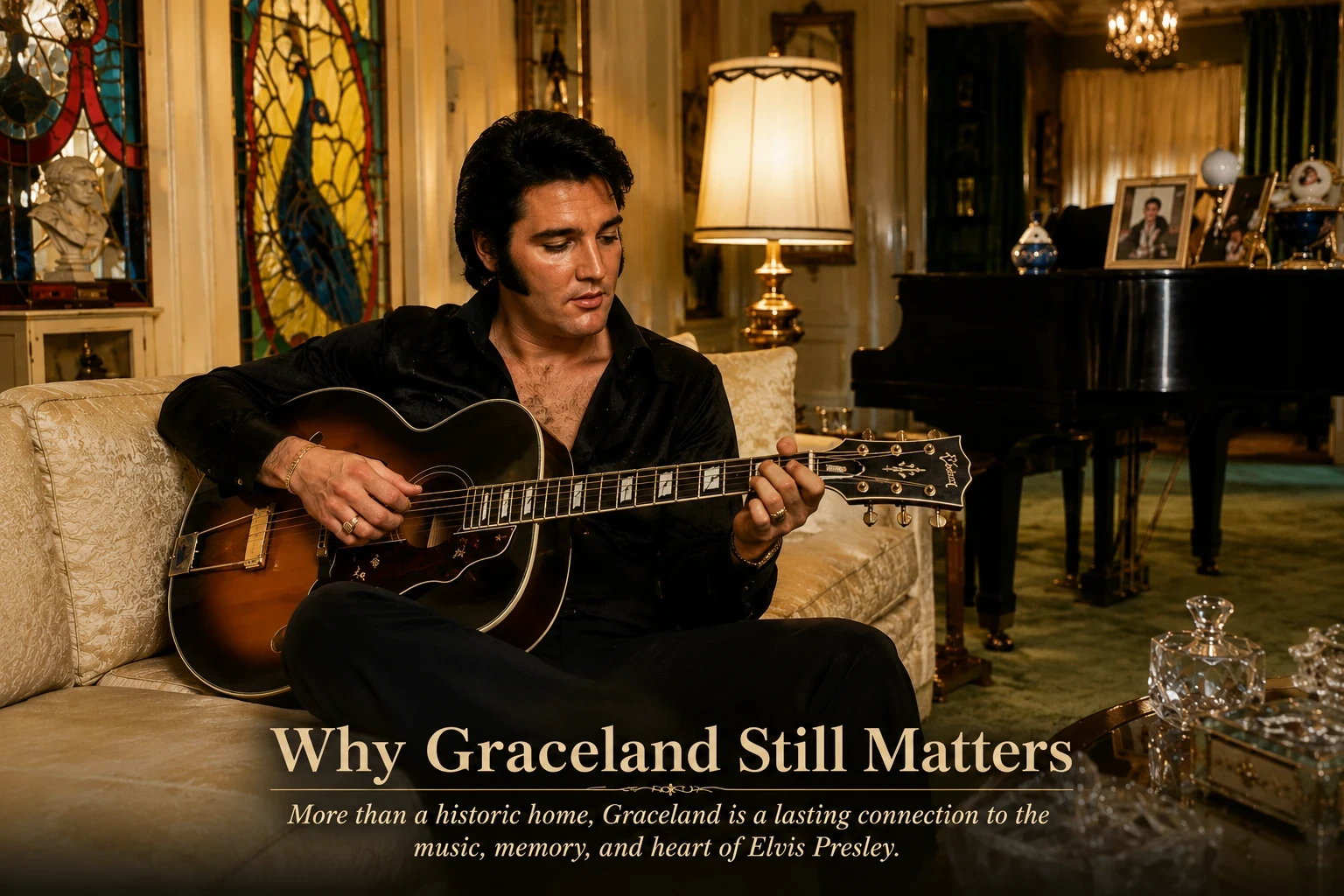 Vintage-style image of Elvis Presley sitting on a sofa inside a Graceland-inspired room playing guitar beside a piano and warm lighting with an embedded caption about Graceland’s lasting legacy