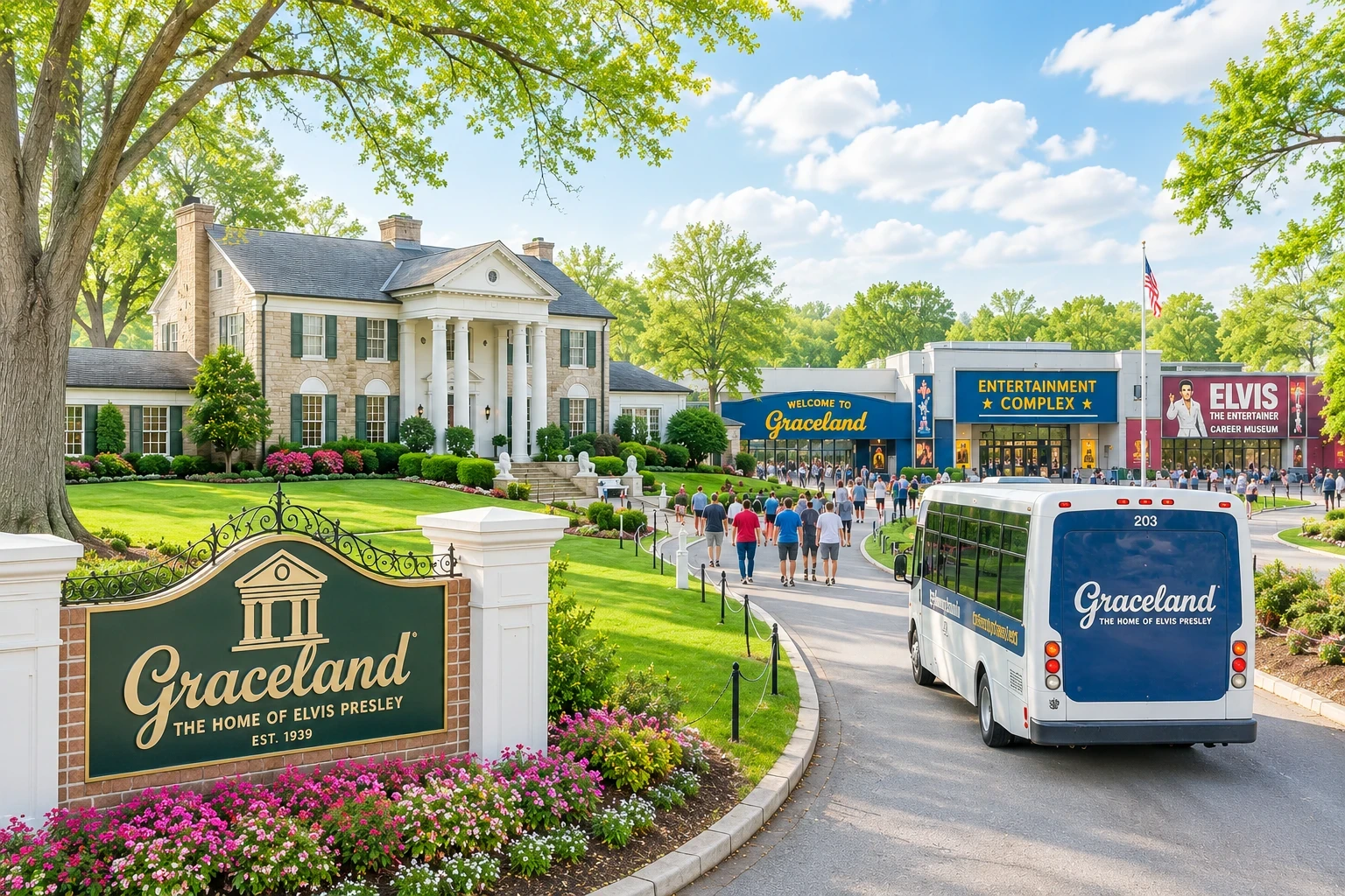 Wide daytime view of Graceland showing the mansion, visitor shuttle, entertainment complex, and guests arriving throughout the property in Memphis, Tennessee.