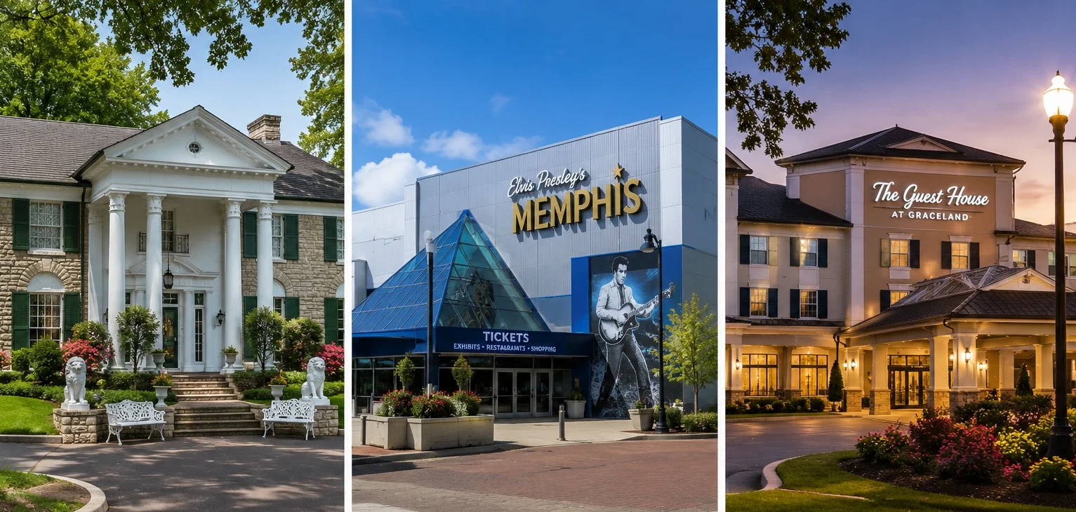 Three-panel collage showing Graceland Mansion, Elvis Presley’s Memphis entertainment complex, and The Guest House at Graceland in Memphis, Tennessee.