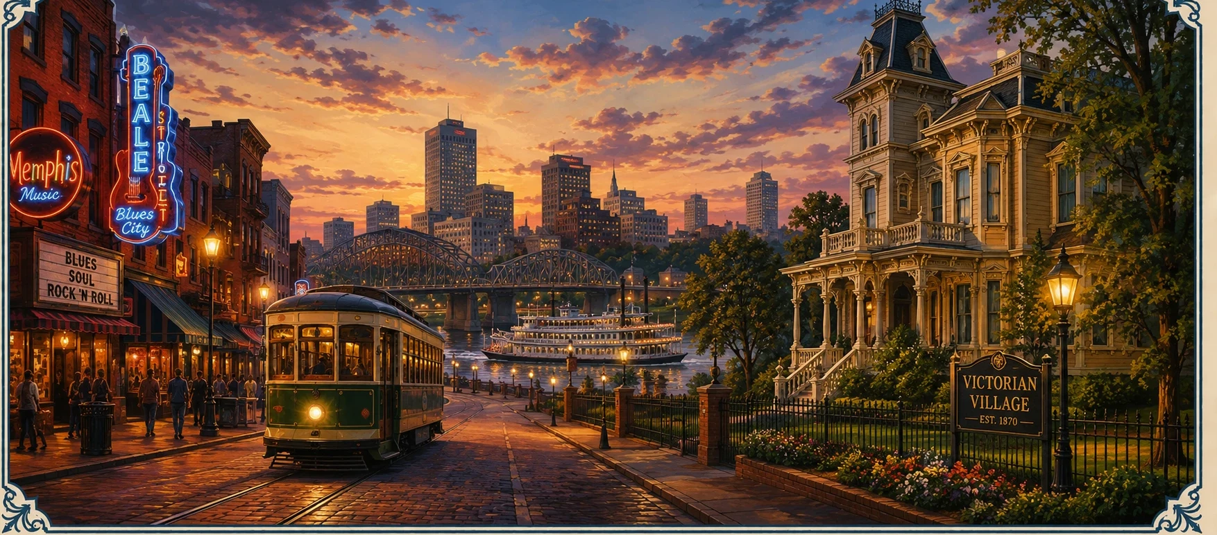 Travel-themed planning image representing preparing for a Memphis trip, including sightseeing, historic destinations, lodging, tours, and regional exploration.