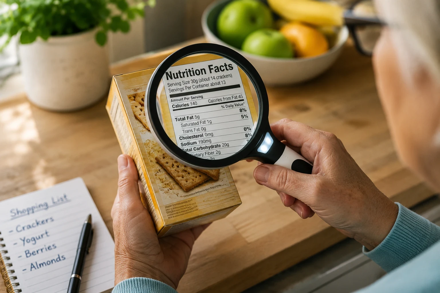 A person using an illuminated handheld magnifier to read a nutrition label on a food package in a warmly lit kitchen setting.