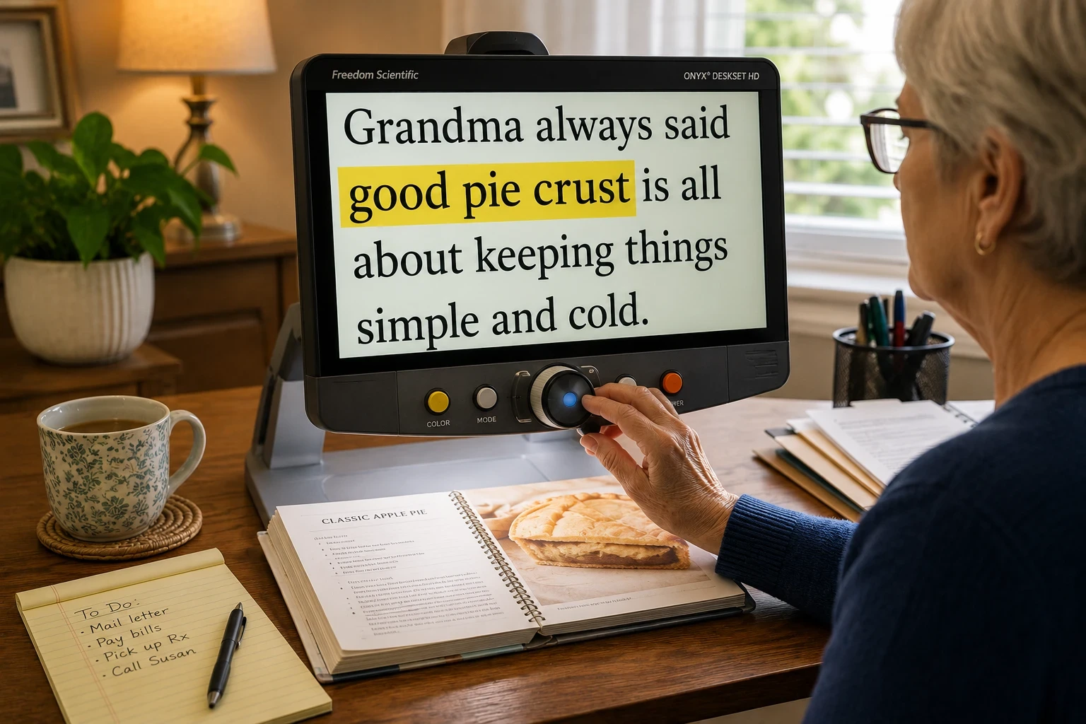 A woman using a desktop digital magnifier to enlarge and read a cookbook recipe at a warmly lit desk with paperwork and household items nearby.