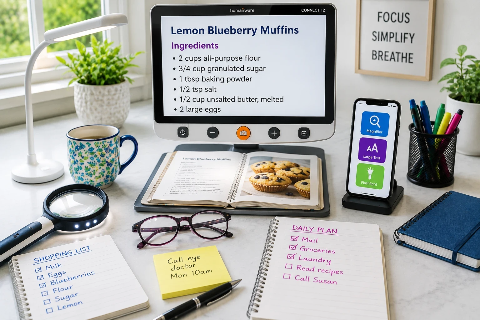 A bright home workspace featuring multiple low vision tools, including a digital magnifier displaying a recipe, an illuminated handheld magnifier, a smartphone magnifier app, task lighting, and reading materials arranged on a clean desk.
