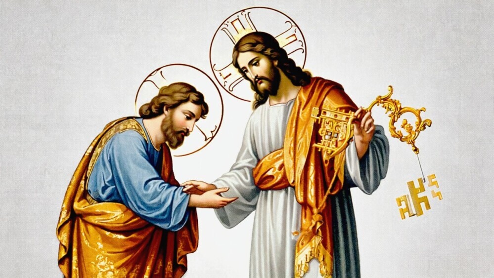 Christ giving Peter the keys of the kingdom symbolizing authority in Matthew 16:19.