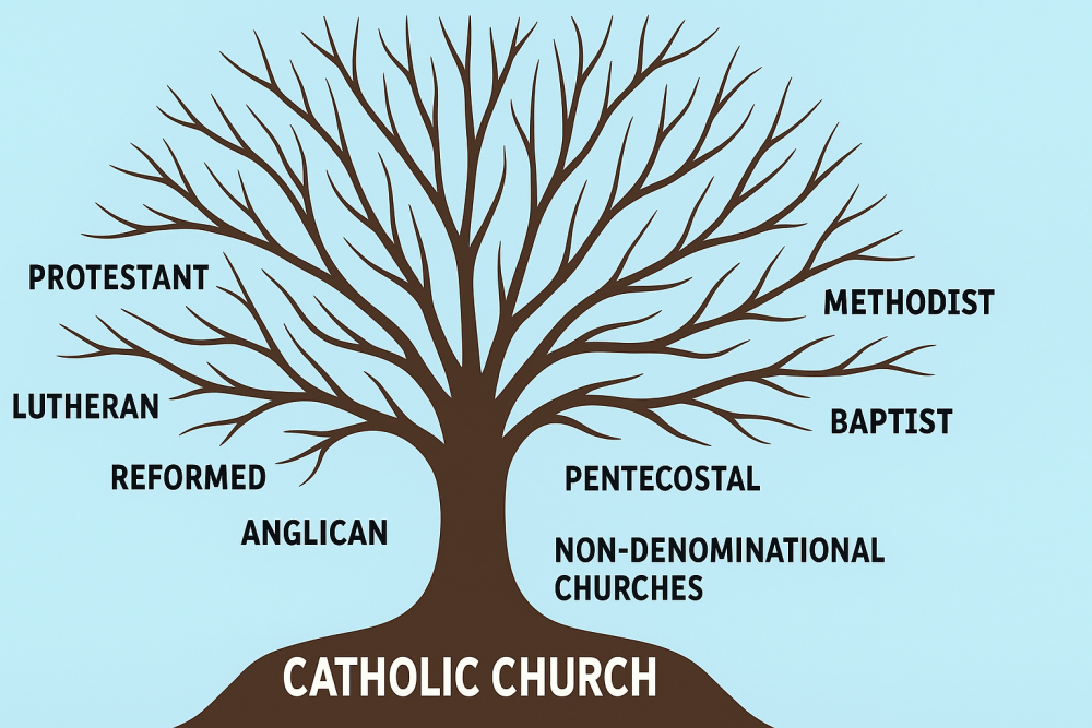 Graphic showing many Christian denominations branching from one root, symbolizing Protestant division.