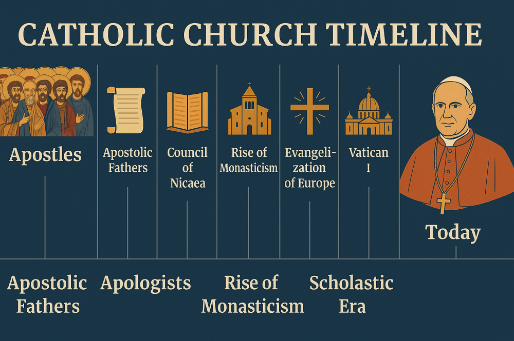 Timeline illustrating the continuity of the Catholic Church from the Apostles to the present day.