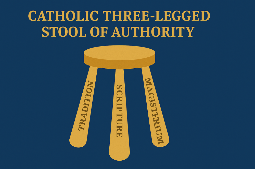 Diagram of the Catholic three-legged stool of authority: Scripture, Tradition, and Magisterium.