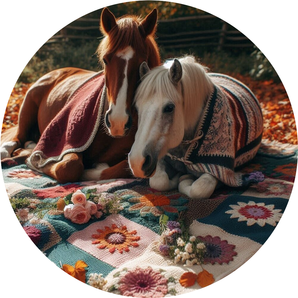 two horses laying on a knitted blanket