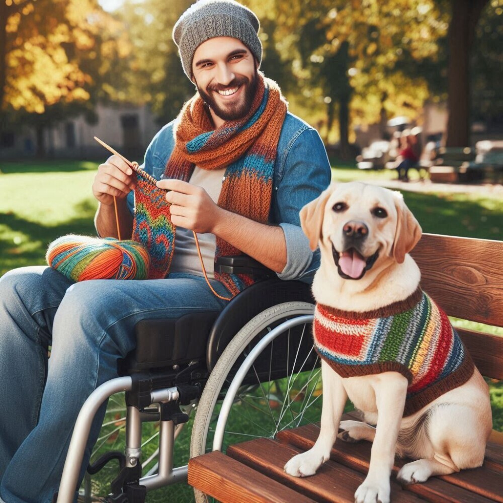 man in a wheelchair knititng with hos service dog next to him