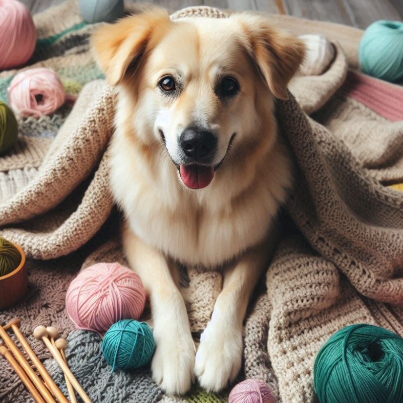 dog on a knitted blanket