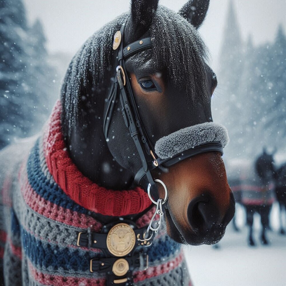 horse in knitted blanket in cold weather