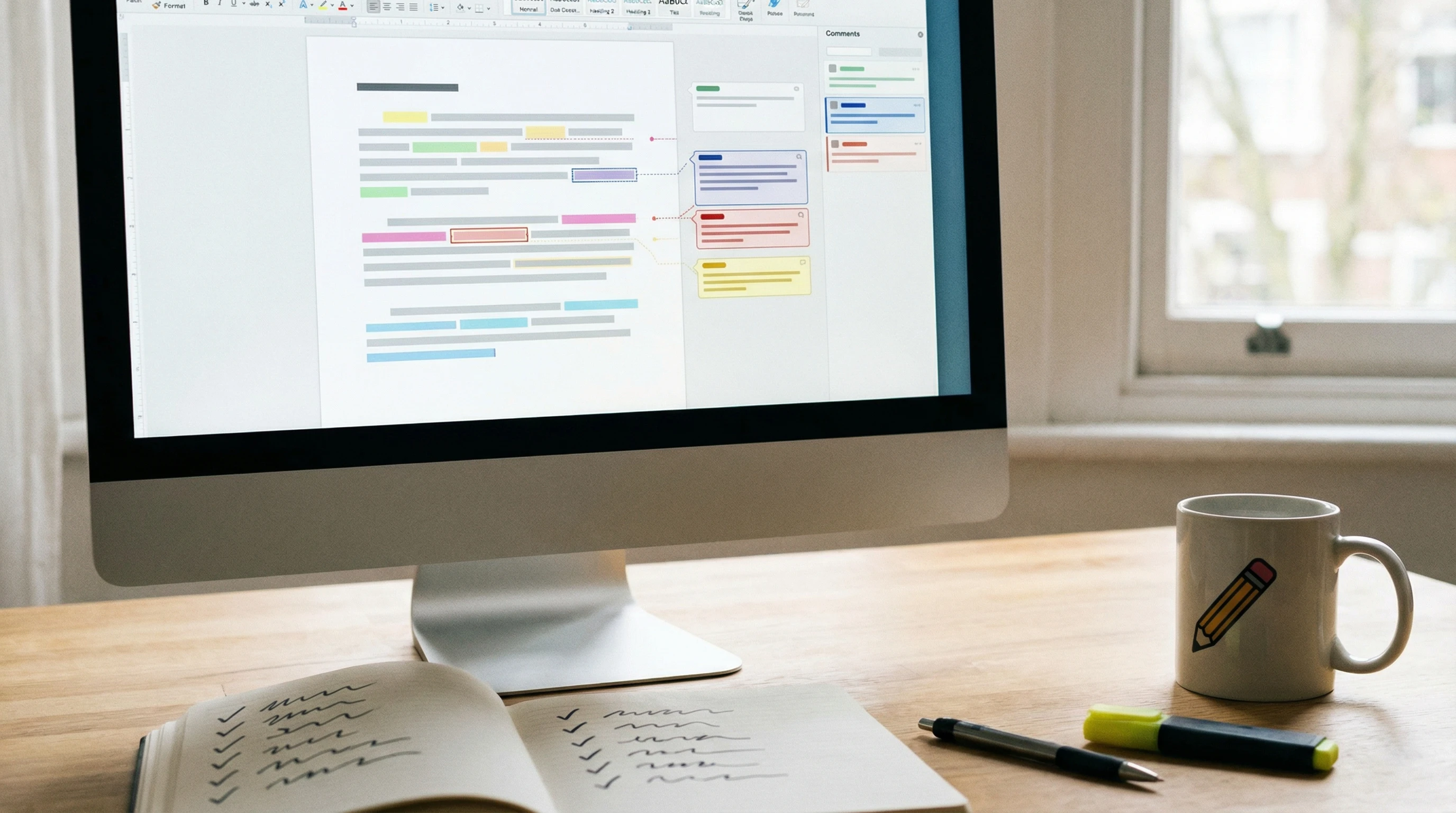 A concept illustration showing a tidy workspace, a computer screen with edited text, a checklist, and a coffee mug. The focus is on the editing and refining process, with notes and text being revised.