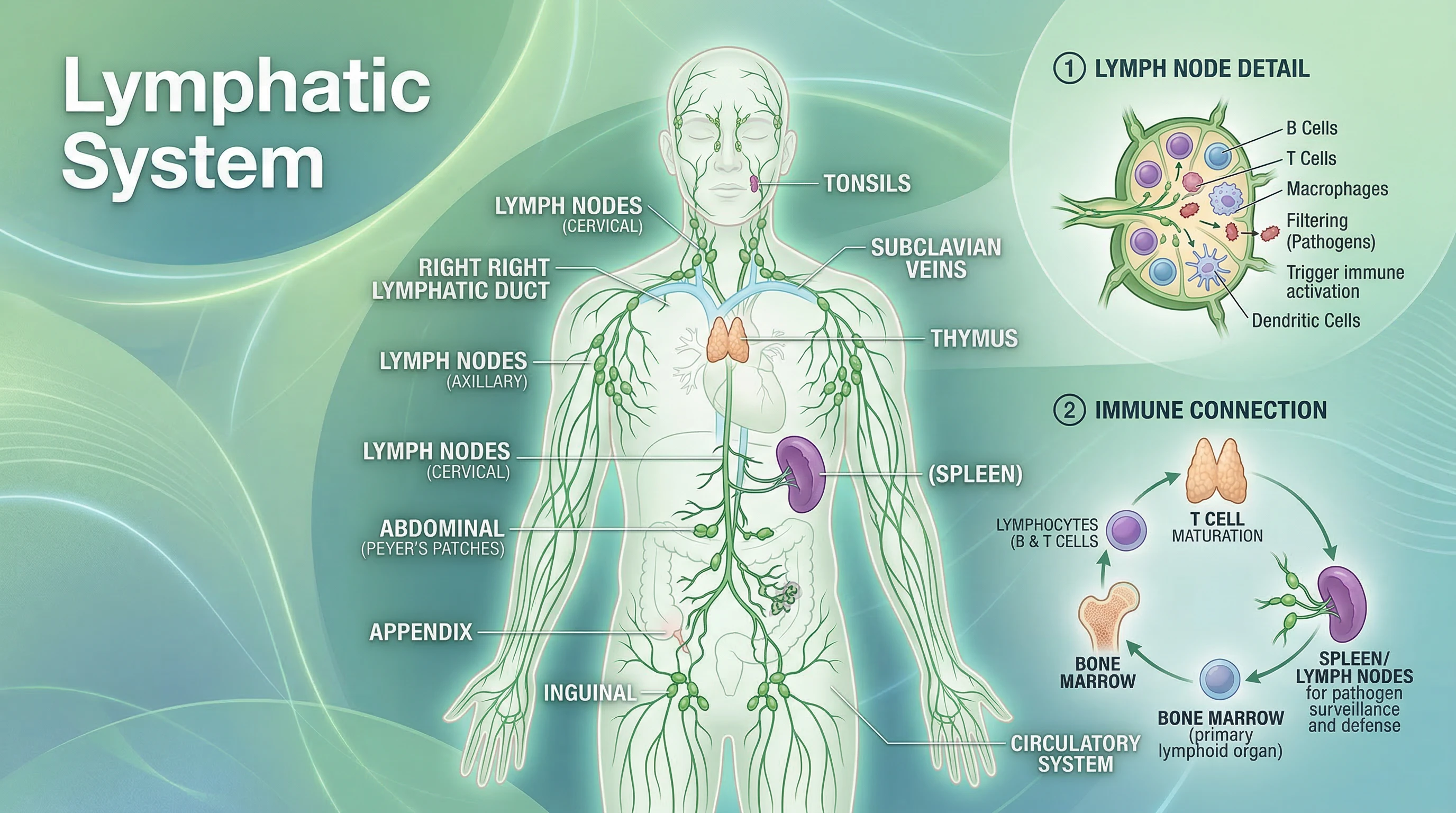 A simplified, detailed illustration of the lymphatic system showing lymph vessels, lymph nodes, the spleen, and the thymus, with a focus on connections to immune responses. Background includes abstract gentle greens and blues.