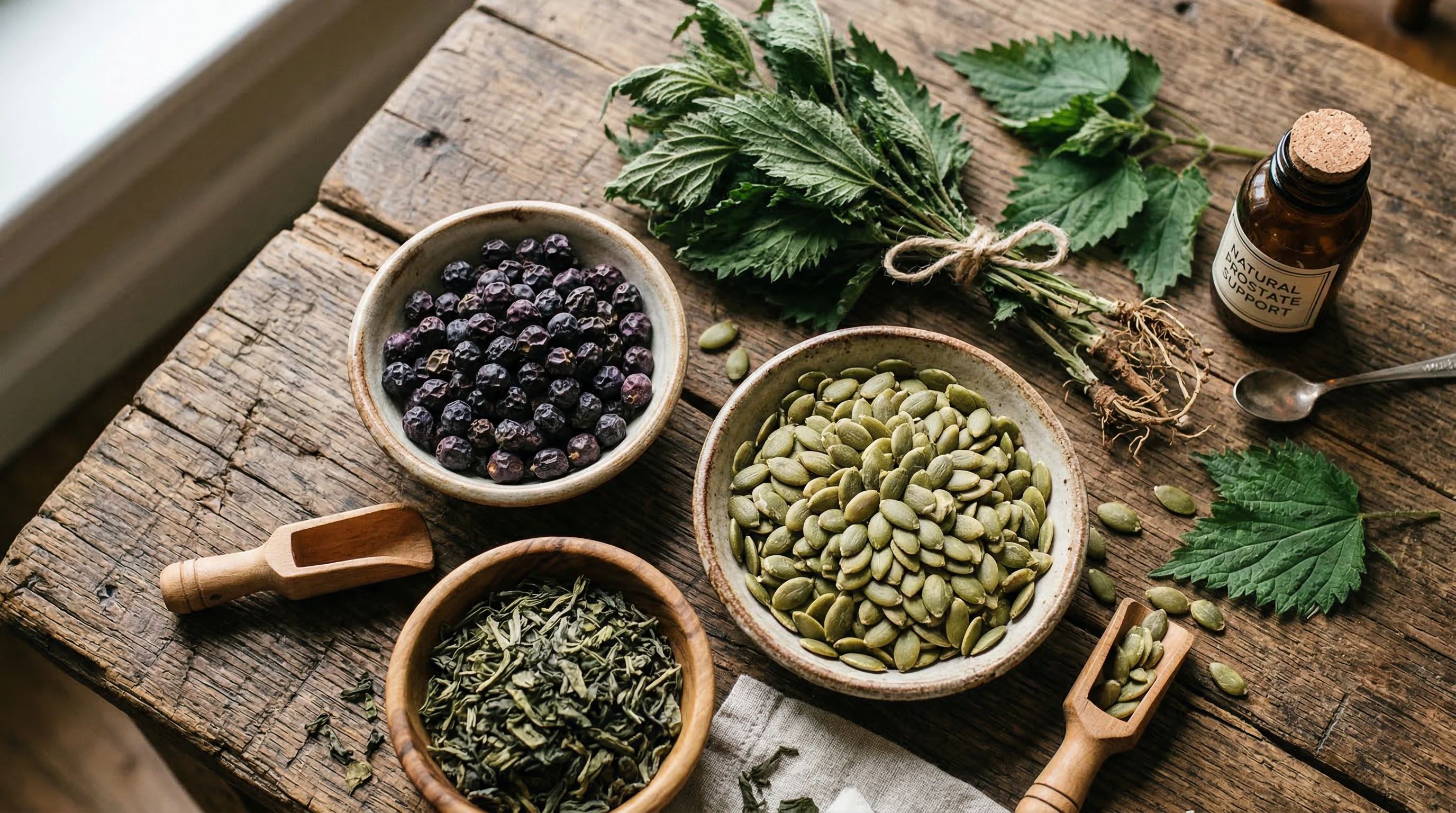 A variety of natural herbs and ingredients commonly used in prostate supplements, such as saw palmetto berries, green tea leaves, pumpkin seeds, and stinging nettle leaves, arranged on a rustic wooden background.