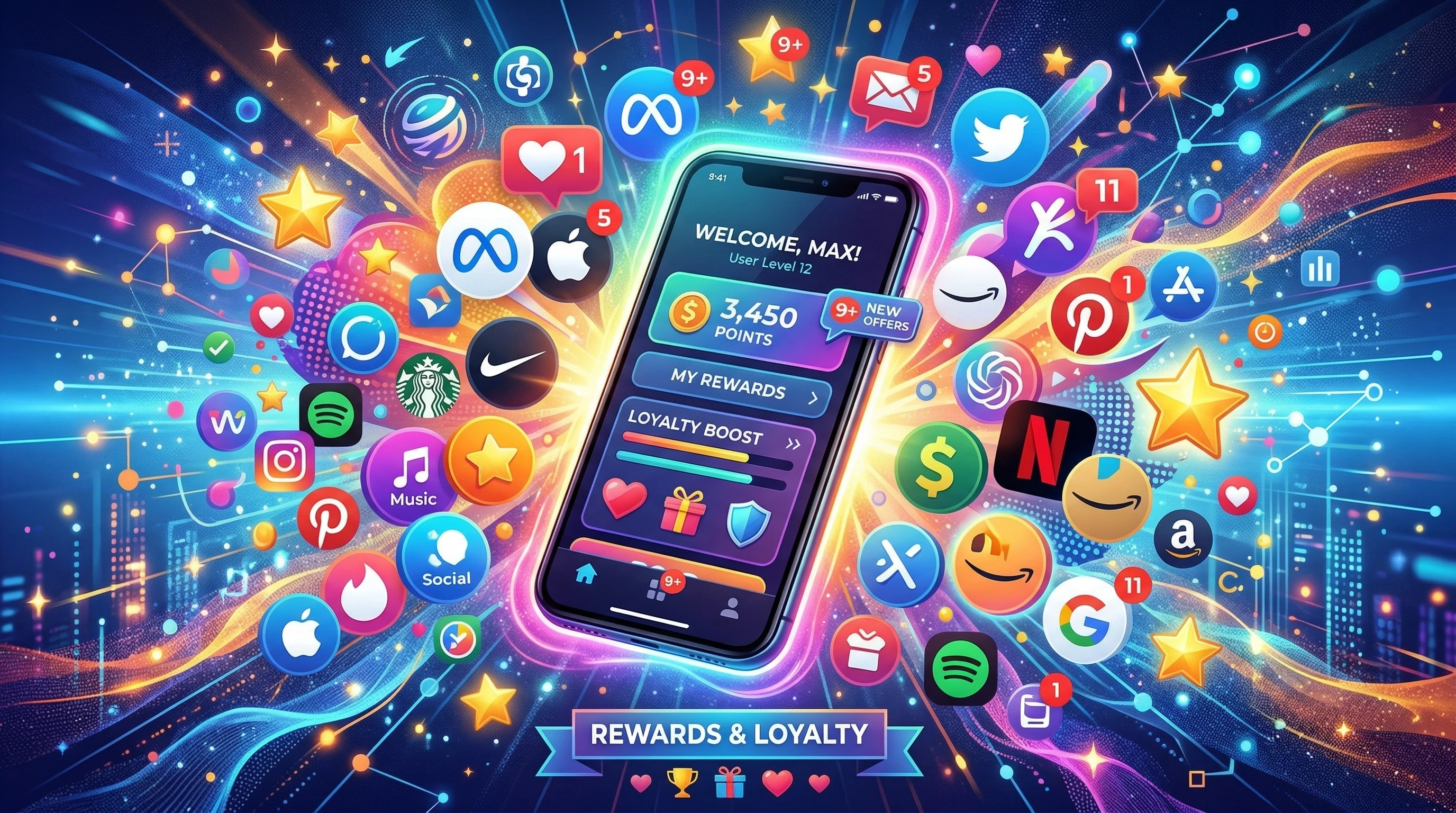 A vibrant digital illustration showing a smartphone surrounded by app icons, branded logos, stars, and notification bubbles, suggesting user loyalty and brand engagement in a lively, abstract tech environment.