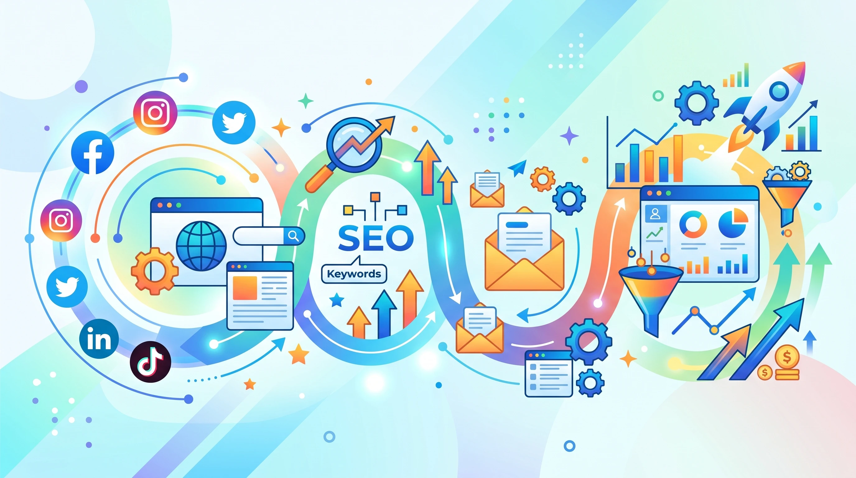 Colorful illustration showing various digital marketing channels and analytics icons connected in a flowchart, with graphics of charts, email, website, social media, and SEO symbols on a clean background