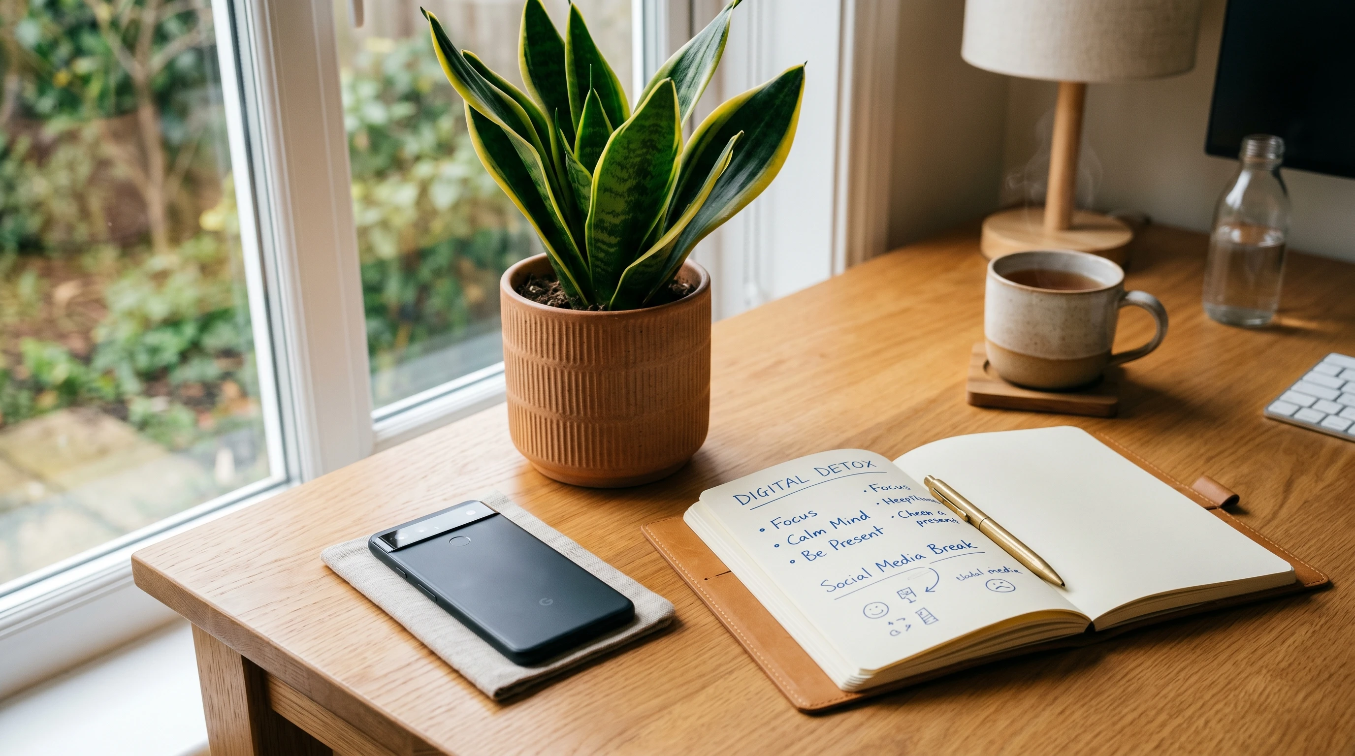 A calming digital workspace with a phone turned off beside a plant and notebook, representing a digital detox from social media.